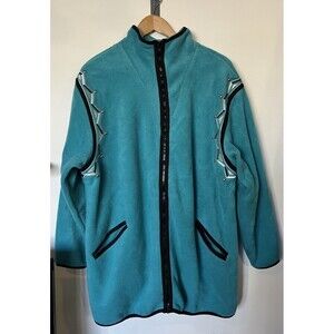 Bob Mackie Teal Tribal Embroidered Fleece Zip Up Jacket Size 1X